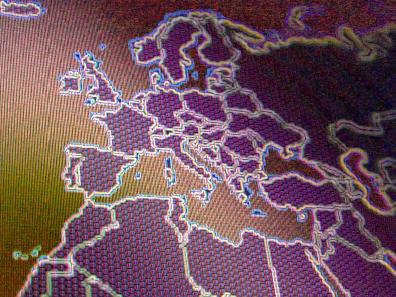 Free Stock Photo: Close up on digital map of western Europe and northern Africa in purple and orange colors