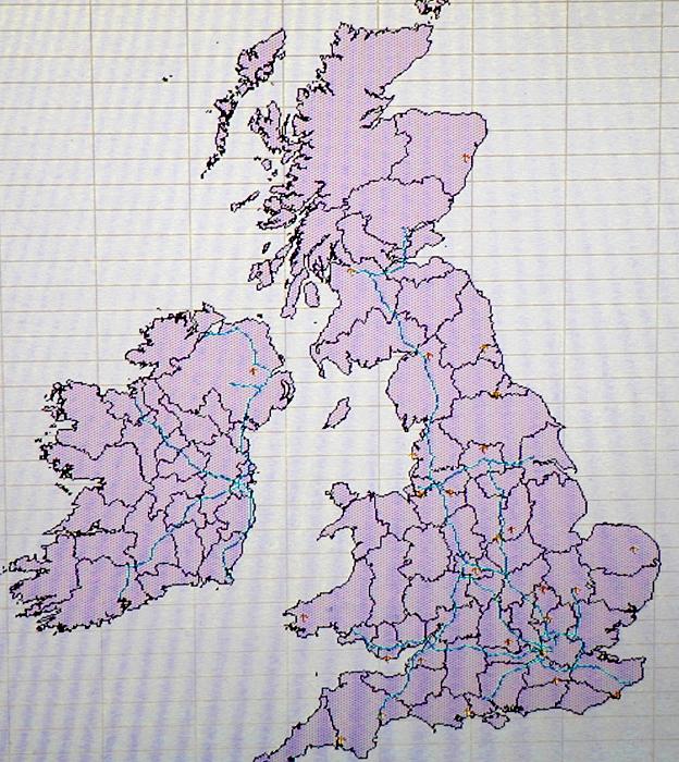 Free Stock Photo: Political map of the United Kingdom with purple and black colors over grid pattern