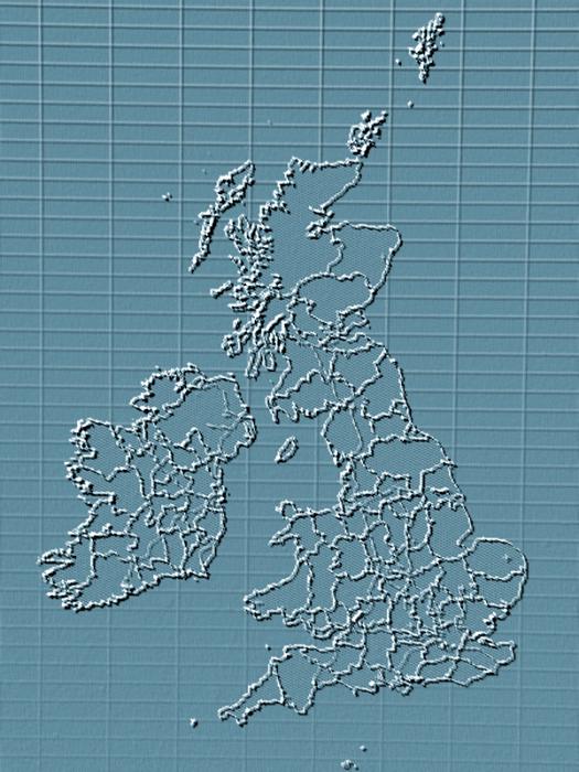 Free Stock Photo: Negative monotone blue color detailed political map of the United Kingdom with all of its provinces over grid pattern