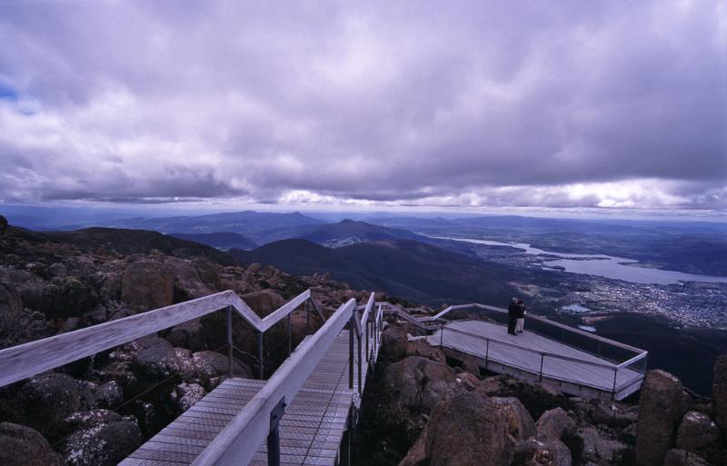 Free Stock Photo: Lookout on Mt. Wellington, Tasmania overlooking the capital Hobart and the Derwent River on a cloudy overcast day