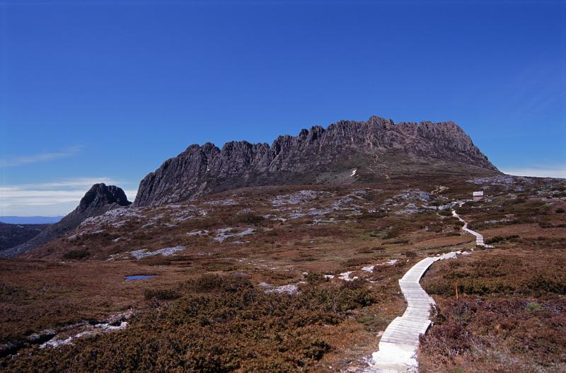 Free Stock Photo: Boardwalk leading to Cradle Mountain, Tasmania, in the Cradle Mountain-Lake St Clair National Park, a popular tourist attraction and natural landmark composed of dolerite columns