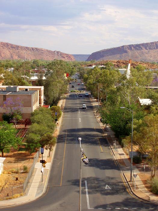 Free Stock Photo: Typical street in a small Australian town nestled amongst trees in a high angle scenic landscape view