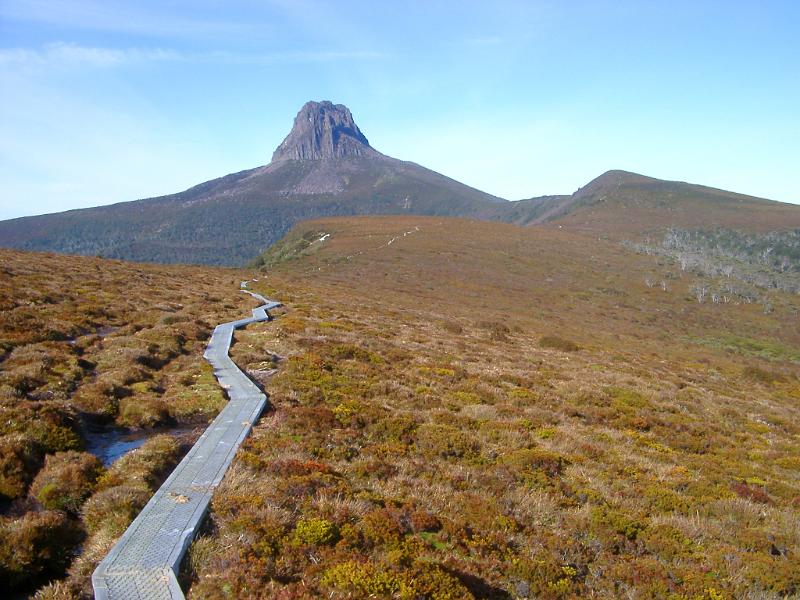 Download image of Boardwalk at Barn Bluff, Tasmania Free Stock Photo: Wooden boardwalk leading across natural heathers towardsBarn Bluff is a mountain located in the Cradle Mountain-Lake St Clair National Park, Tasmania