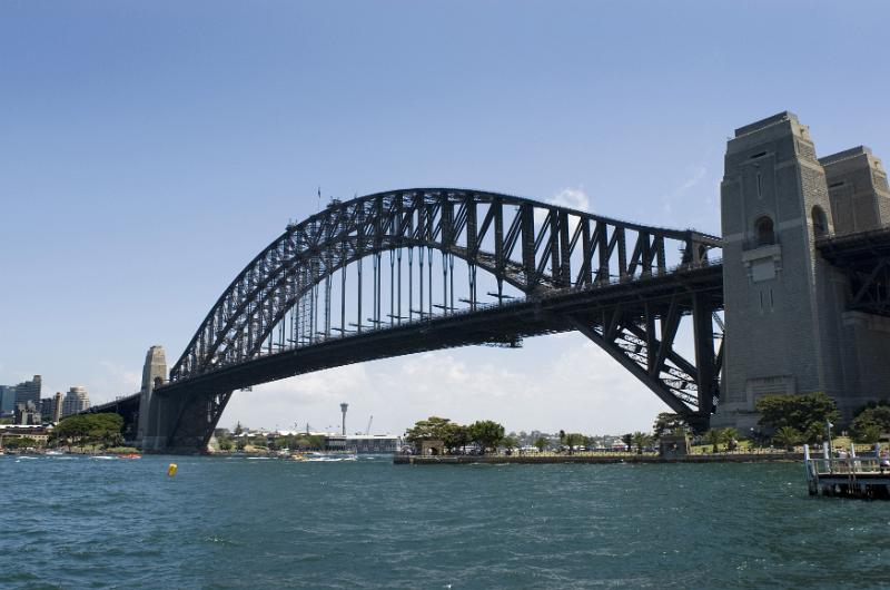 Free Stock Photo: Low angle view of Sydney Harbour Bridge, Australia, with the steel arch silhouetted against a clear sunny blue sky taken at water level