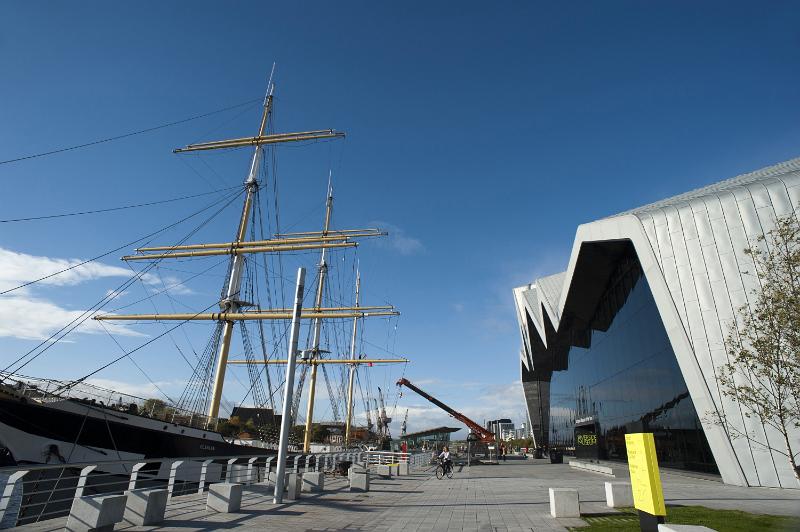 Free Stock Photo: Glasgow Riverside Museum, part of the Transport Museum, a new development on Pointhouse Quay, with its modern architecture and tall ships in the harbour