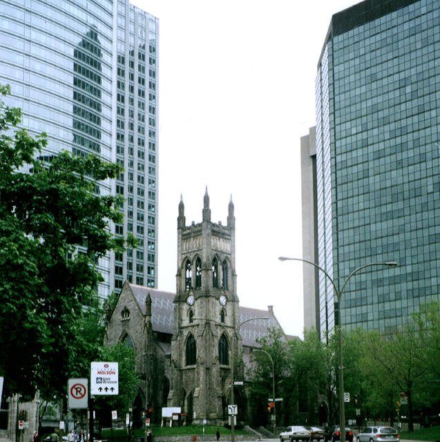 Free Stock Photo: a church nestled between two huge dominating office blocks, montreal, canada