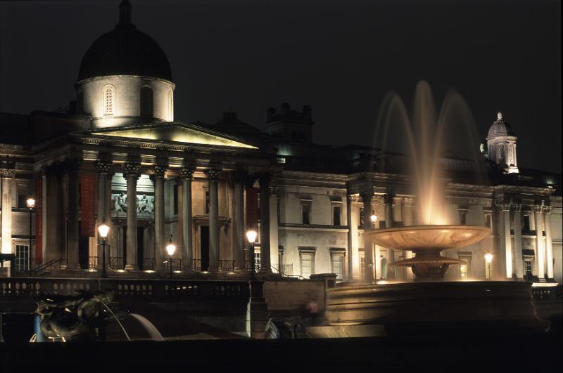 Free Stock Photo: a view of the national gallery and fountains of trafalgar square at night