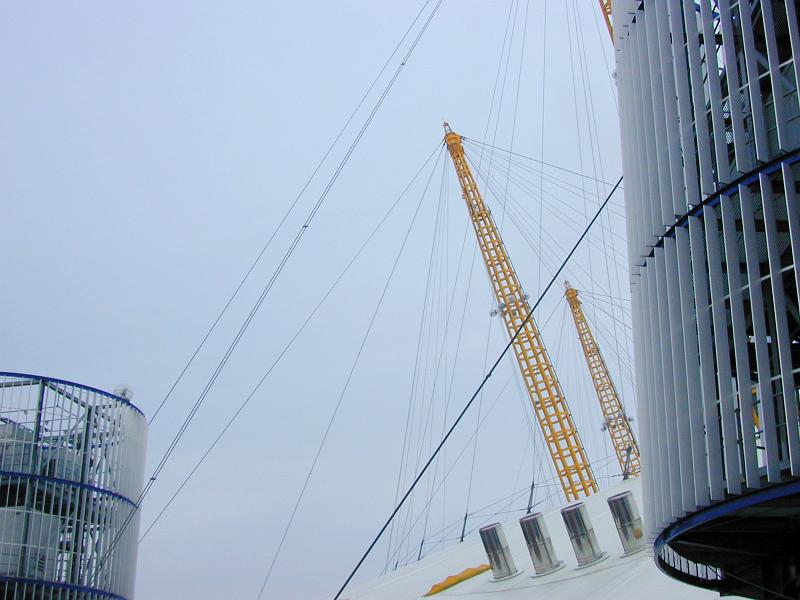 Free Stock Photo: Architectural and engineering detail of suspension cables on a dome structure attached to steel lattice towers in a radiating pattern on the millennium dome