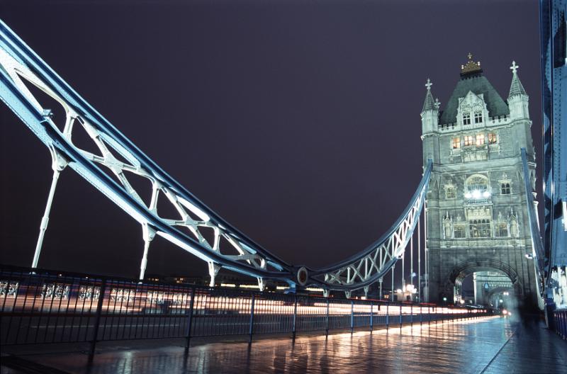 Free Stock Photo: Tower Bridge, London at night showing the illuminated suspension cables and front facade of the historic Gothic Tower in a travel concept