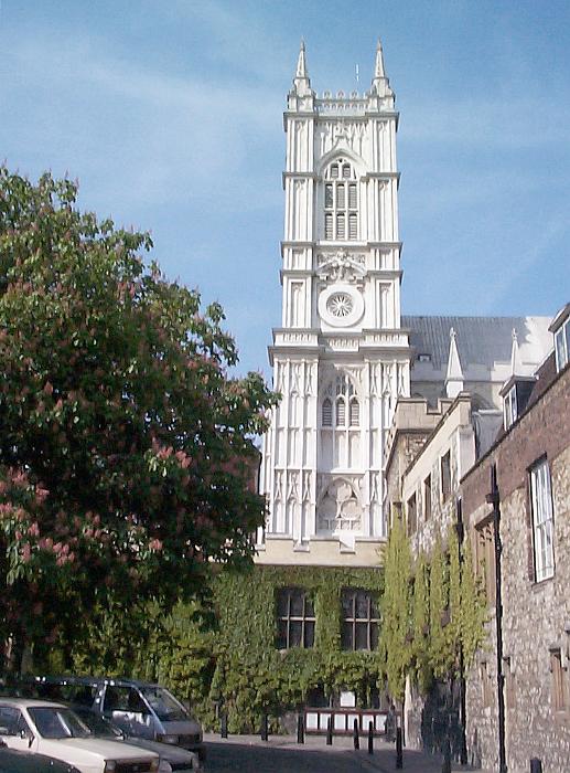 Free Stock Photo: White Tower of Historical Gothic Westminster Abbey with Facade Covered in Climbing Plant Ivy on Sunny Day, London, England