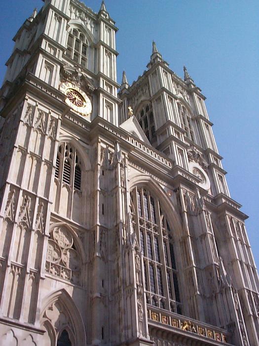 Free Stock Photo: Facade of Westminster Abbey, Royal Peculiar and Gothic religious landmark from London, UK, shot from low angle, under a clear blue sky