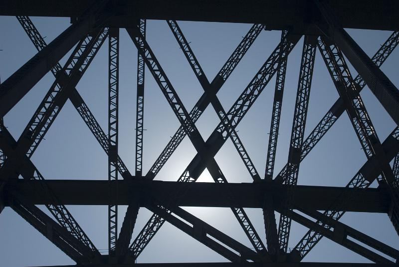 Free Stock Photo: Lattice work of bridge girders silhouetted against the sun in a structural engineering concept