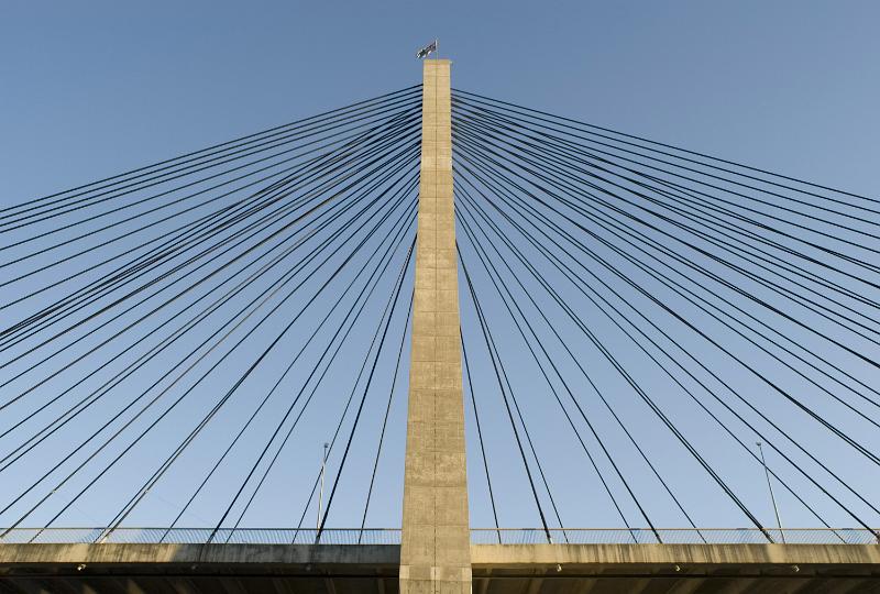 Free Stock Photo: Side on view of a tower and suspension cables on a cable stayed suspension bridge