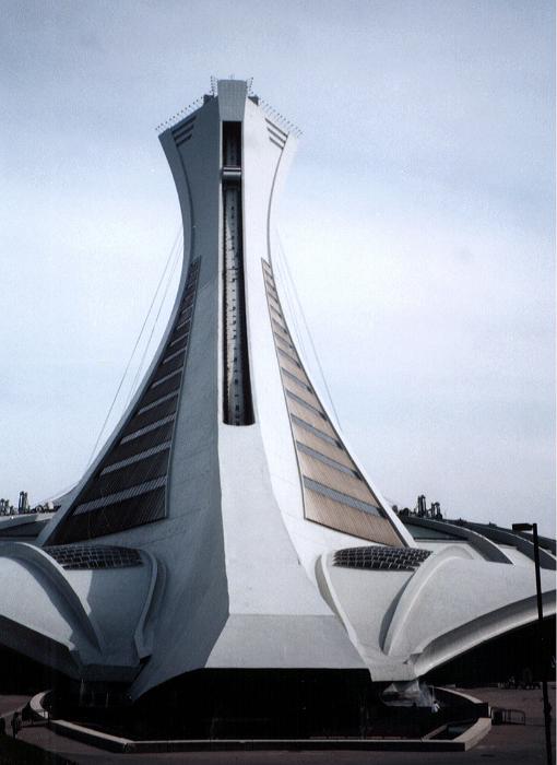 Free Stock Photo: Montreal Olympic stadium tower viewed from the back from low angle against grey sky. Quebec, Canada