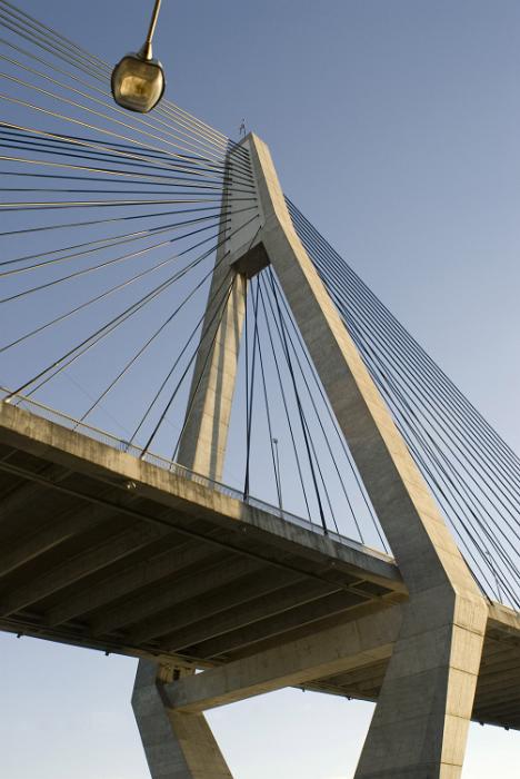 Free Stock Photo: A cable stay suspension bridge tower and wires seen from below at ground level