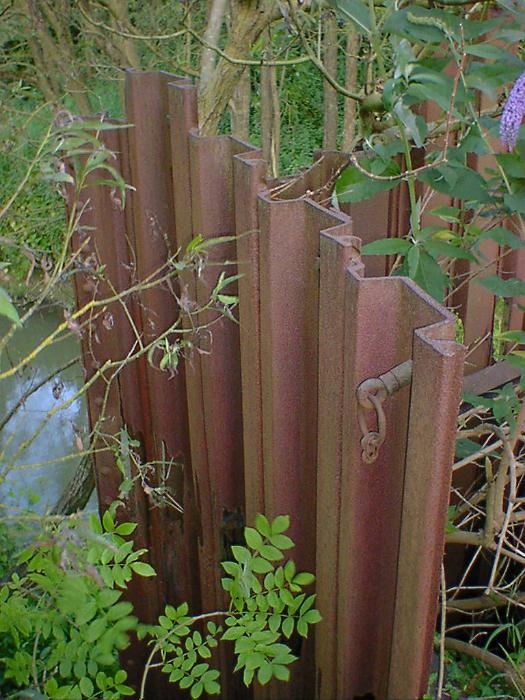 Free Stock Photo: Rusty corrugated metal fence overgrown with leafy green plants outdoors in the garden in a close up view