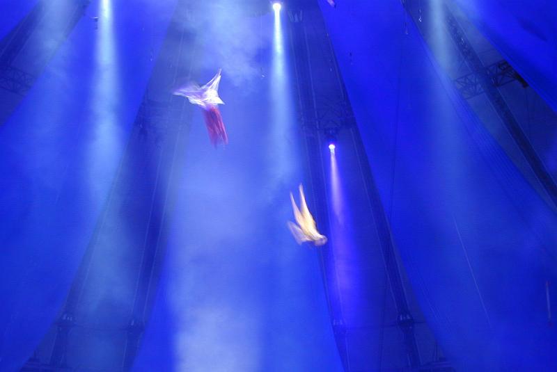 Free Stock Photo: Blurred motion view of acrobats performing against a blue background in a live circus performance