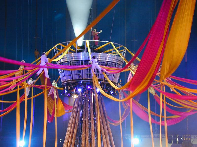 Free Stock Photo: Acrobats during a silk ribbon performance with a high centre stage.