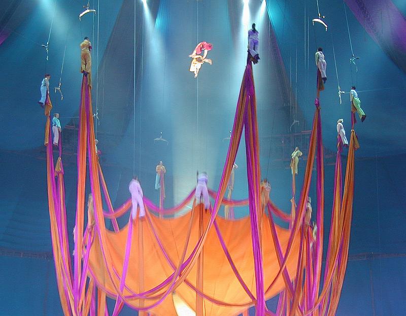 Free Stock Photo: Aerial acrobats performing an act in a circus arena at night time.