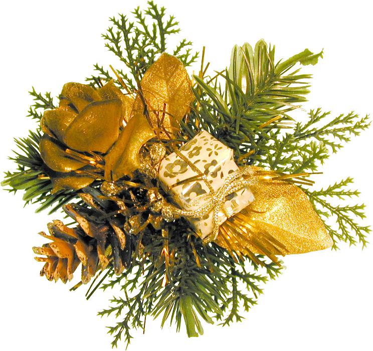 Free Stock Photo: Gold Christmas decoration with green foliage, a rose, gift, cone and ornamental golden leaves, isolated on white