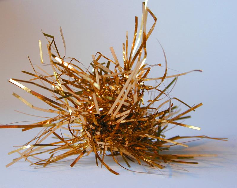 Free Stock Photo: Close Up of Messy Ball of Gold Tinsel in Studio, Festive Piece of Isolated Gold Tinsel Christmas Decoation