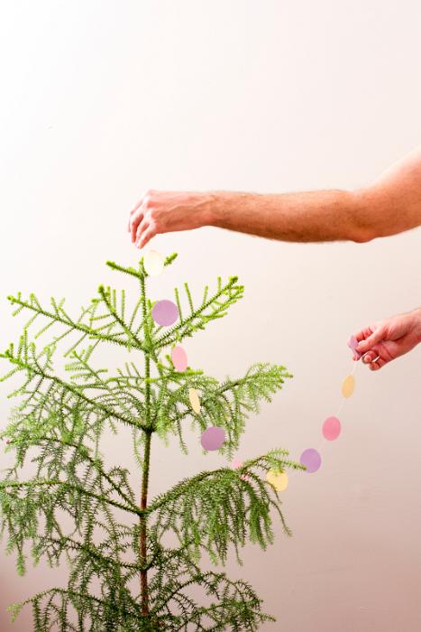 Download image of decorations placed on a tree Free Stock Photo: decorating a christmas tree, a plain tree with a man holding paper decorations