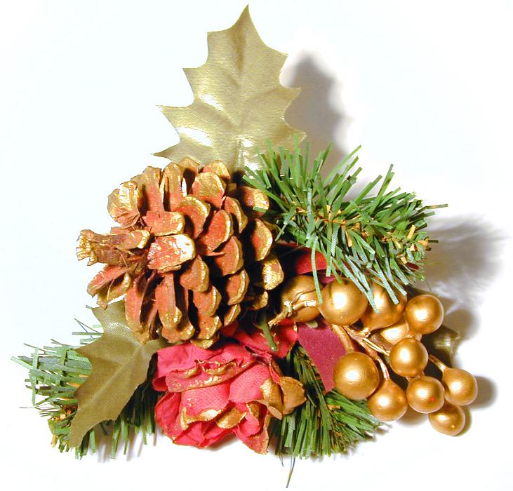 Free Stock Photo: Christmas decoration with a cone and fake gold berries with leaves and pine branches over a white background