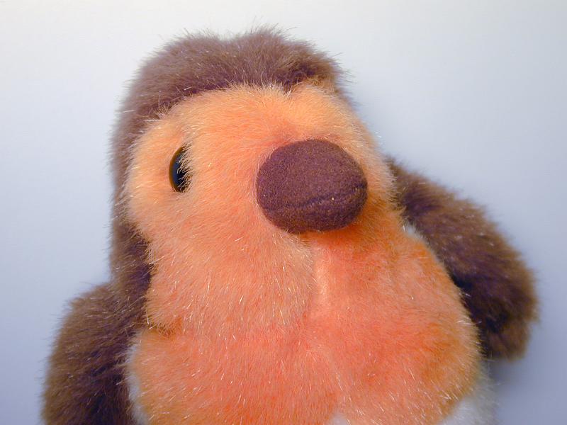 Free Stock Photo: Robin red breast kids soft stuffed toy or ornament in a close up view of the breast and face over grey