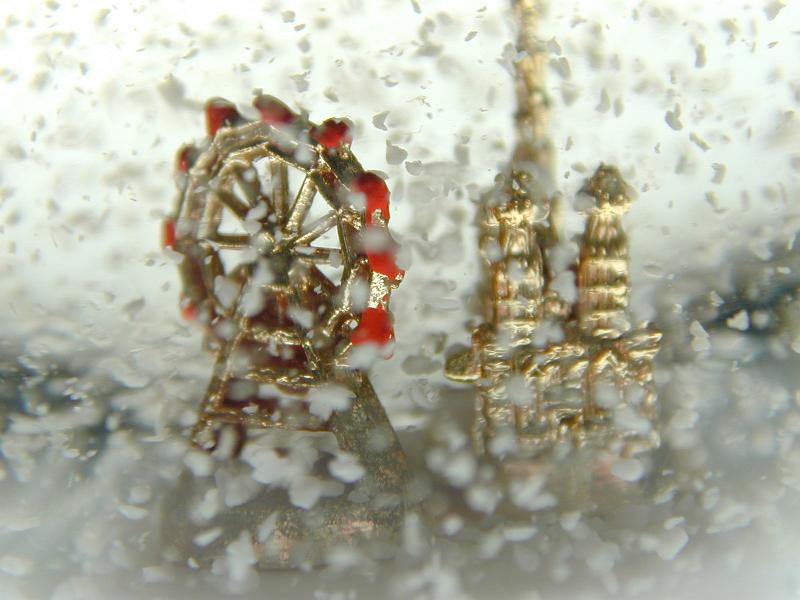 Free Stock Photo: Extreme Close Up of Model of Golden Ferris Wheel and Towers Surrounded by Snow, Detail of Souvenir Snow Globe, Reminder of City Trip Vacation