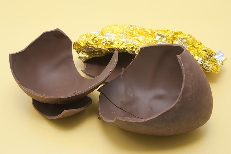 Free Stock Photo: Broken chocolate Easter egg alongside its foil wrapping on a yellow background.