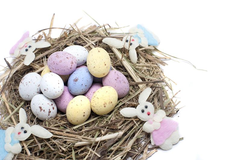Free Stock Photo: Straw nest filled with candy Easter eggs and with four fluffy needlework Easter bunnies on white