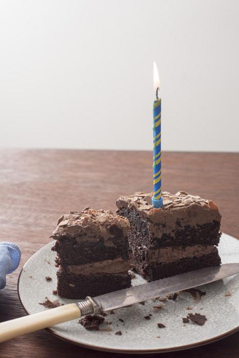 Free Stock Photo: Two remaining slices of a chocolate birthday cake with burning blue candle on a plate with crumbs and knife