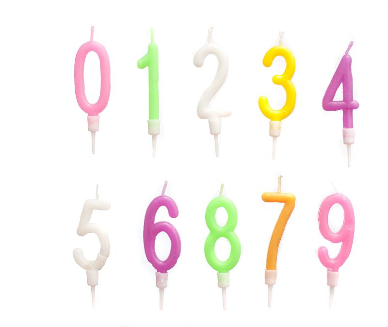 Free Stock Photo: Colourful birthday candles in the form of numbers in a complete set 0 through 9 isolated on white