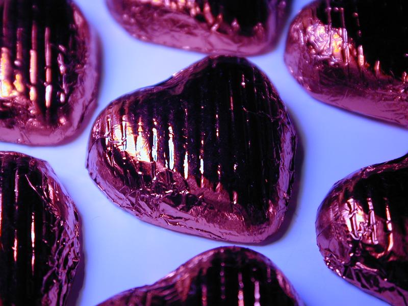 Free Stock Photo: angled view of foil wrapped valentines chocolate candy hearts