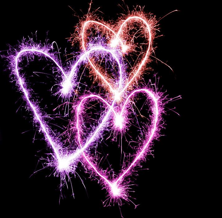 Free Stock Photo: a trio of sparkling valentine hearts, in red, pink and purple