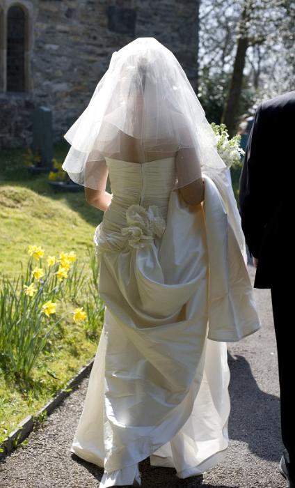 Free Stock Photo: the bride and brides father walking into church of a beautiful sunny wedding day
