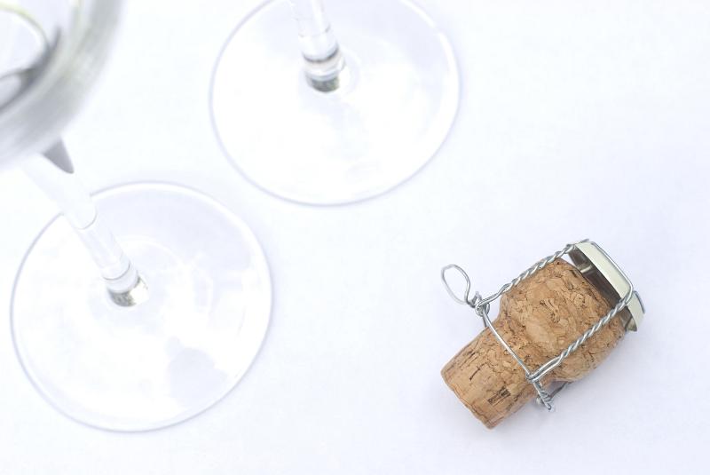 Free Stock Photo: a champagne cork and glasses, opened ready for the wedding toast