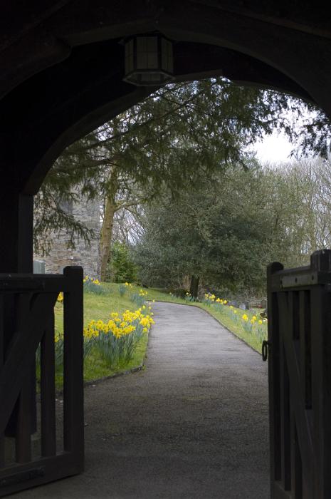 Free Stock Photo: a view through a wooden litch gate down a church path