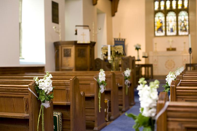 Free Stock Photo: a small village church decorated with white english stocks flowers for a wedding