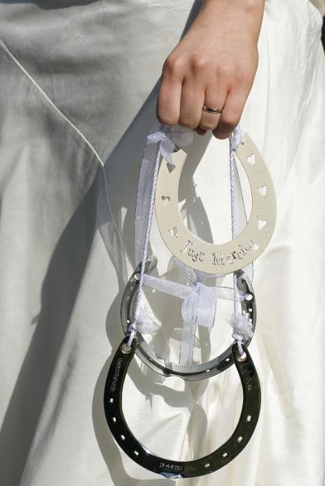 Free Stock Photo: a bride in traditional white dress holding lucky horsehoes