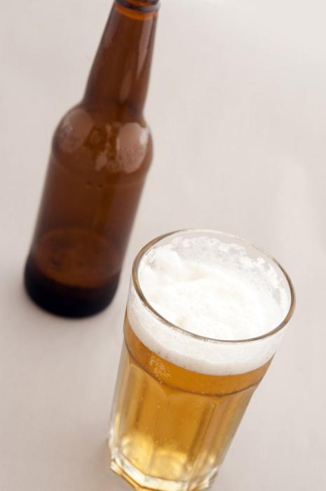 Free Stock Photo: Drink of frothy beer in a pint glass with an unlabeled brown beer bottle alongside, high angle view
