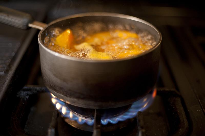 Free Stock Photo: Pumpkin pieces boiling in a saucepan on a gas stove with lots of frothy bubbles
