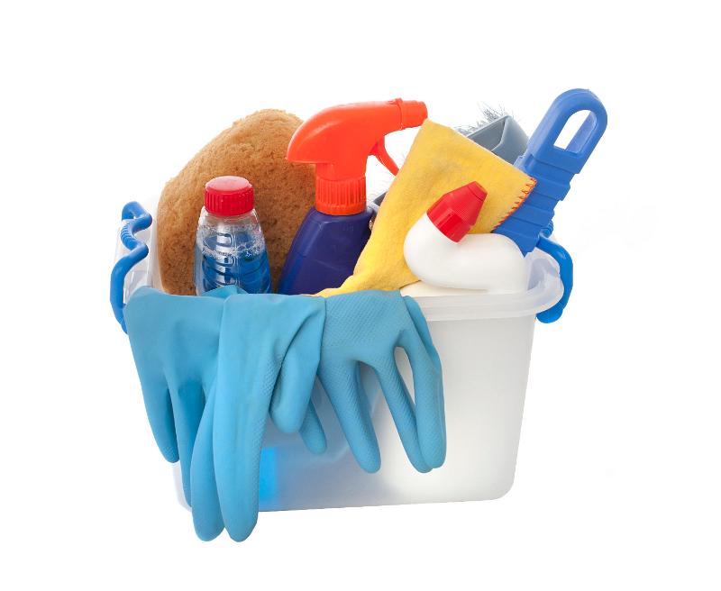 Free Stock Photo: a plastic box containing domestic cleaning products, sprays, rubber gloves and cloths