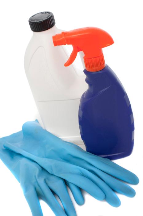 Free Stock Photo: bahtroom cleaning products, spray and rubber gloves