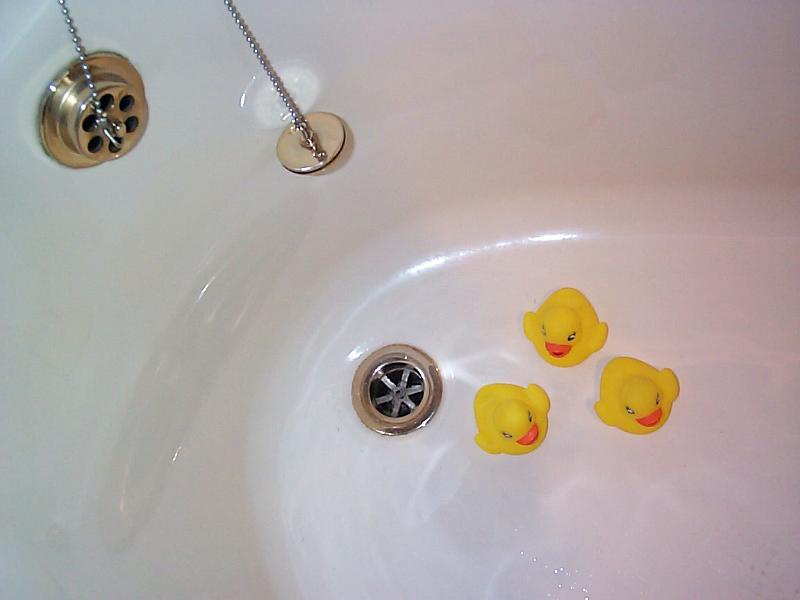 Free Stock Photo: three rubber ducks high and dry in an empty bath