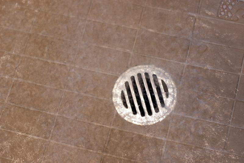 Free Stock Photo: water running onto a shower drain hole and tiles