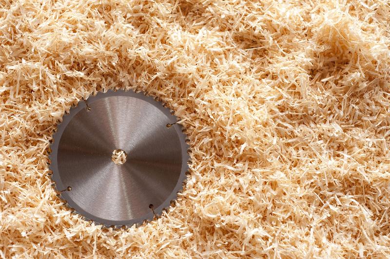 Free Stock Photo: Loose circular saw blade lying on fresh wood shavings with copyspace in a woodworking workshop, viewed from above