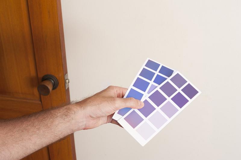 Free Stock Photo: Man holding up blue paint swatches on cards against a white wall as he plans his new color scheme while interior decorating