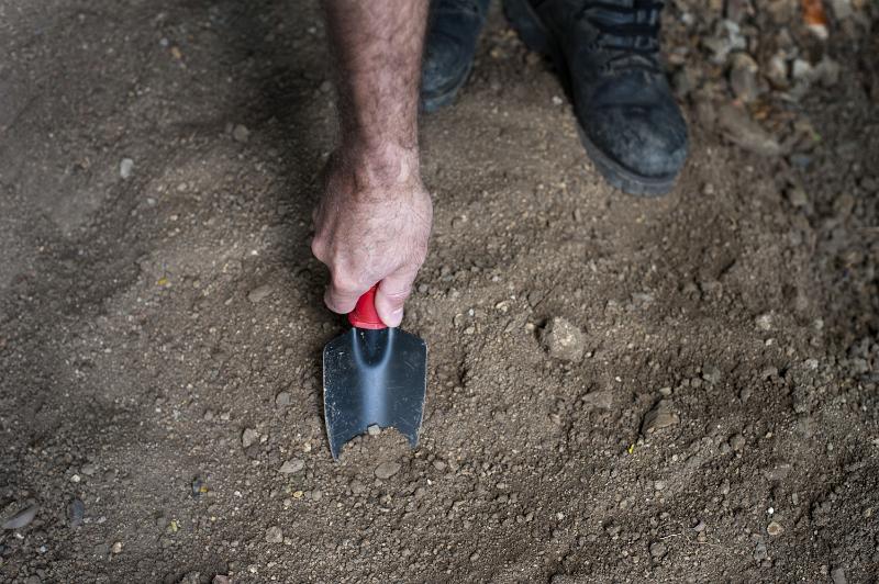 Free Stock Photo: Close up of the hand of a man digging in garden soil with a trowel as he prepares the earth for plantings seeds or seedlings