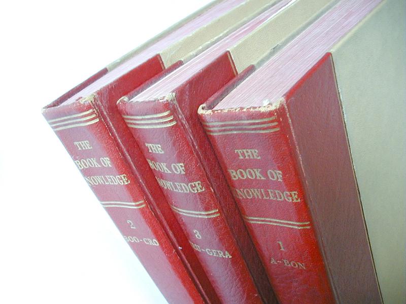 Free Stock Photo: Close Up of Three Old Encyclopedia Book Volumes with Red Leather Spines Standing Side by Side with White Background